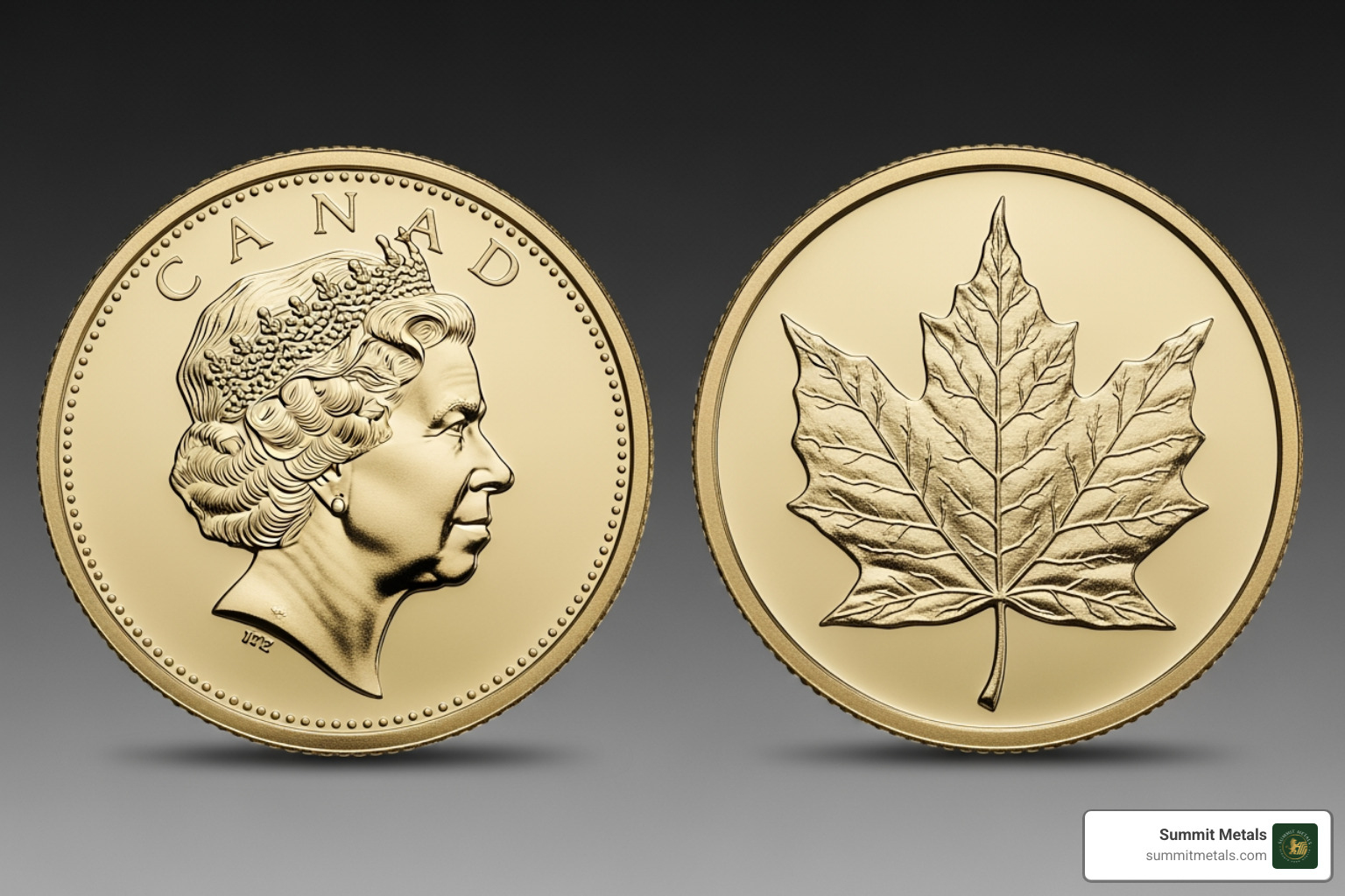 Detailed obverse and reverse of Canadian Gold Maple Leaf coin - buy gold maple leaf coins