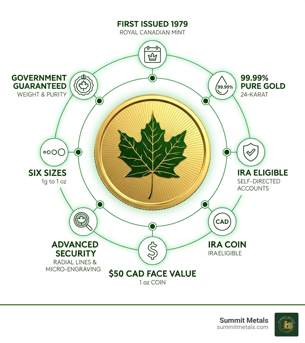Infographic showing Gold Maple Leaf coin key features: First issued 1979 by Royal Canadian Mint, 99.99% pure gold (24-karat), IRA eligible for self-directed accounts, face value $50 CAD for 1 oz coin, advanced security features including radial lines and micro-engraved maple leaf privy mark, available in six sizes from 1 gram to 1 oz, government guaranteed for weight and purity - buy gold maple leaf coins infographic 