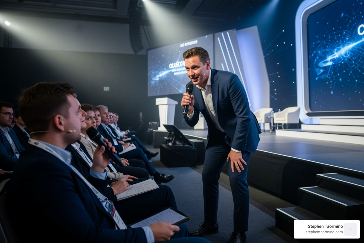 Speaker interacting with an engaged audience during a Q&A session - Business development speaker