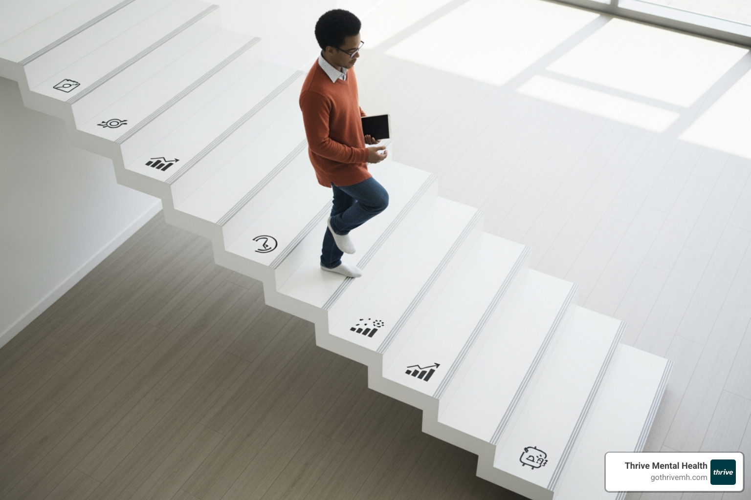 A person ascending a five-step staircase, with each step representing a stage of recovery: Acceptance, Insight, Action, Healing, and Commitment. Each step has a subtle icon representing the stage. - mental health recovery