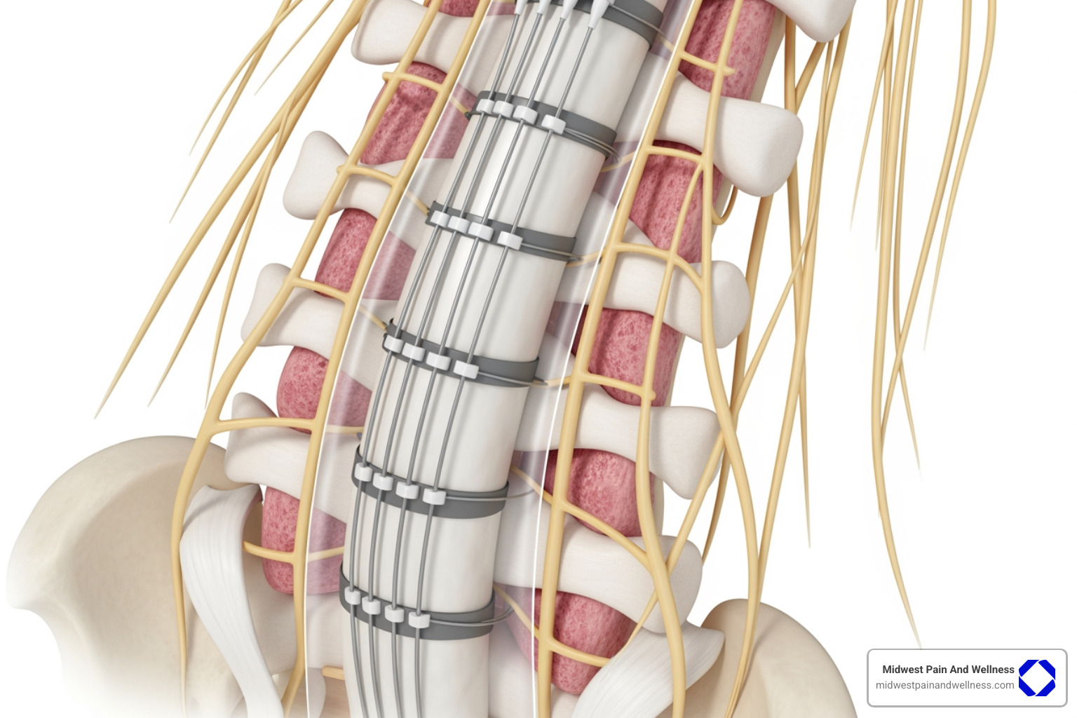 illustration of SCS leads placed along the spinal cord - crps treatment with spinal cord stimulator chicago