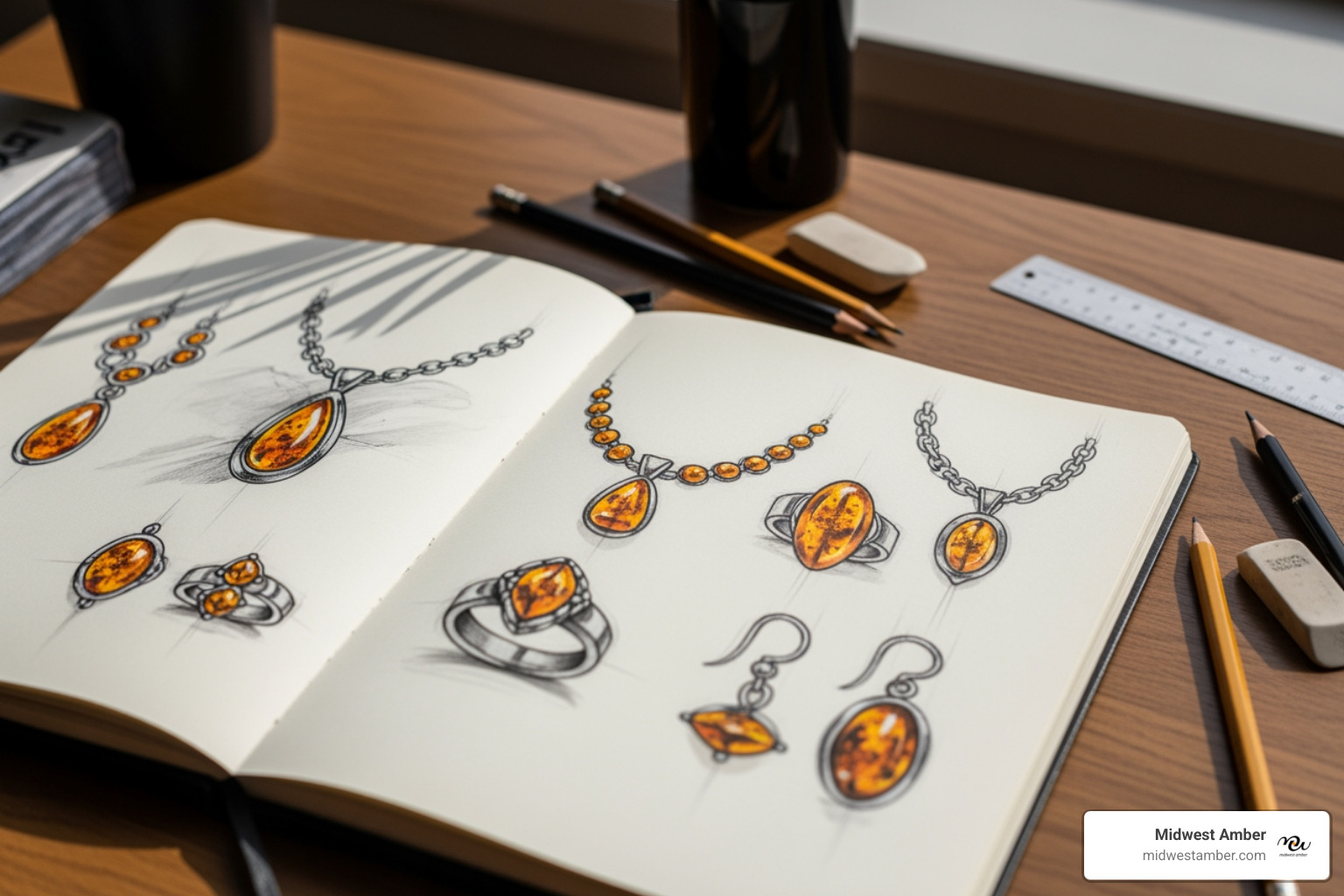 designer's sketchbook with amber jewelry concepts - Amber jewelry design designer's sketchbook with amber jewelry concepts - Amber jewelry design