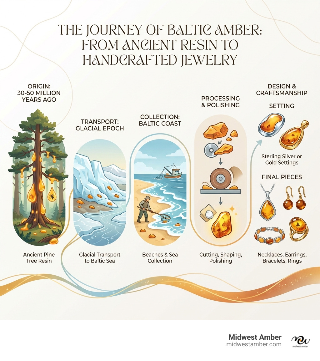 Infographic showing the journey of amber from ancient pine tree resin 30-50 million years ago, through glacial transport to the Baltic Sea, collection from beaches and sea, processing and polishing, setting in sterling silver or gold, to final handcrafted jewelry pieces including necklaces, earrings, bracelets and rings - Amber jewelry design infographic Infographic showing the journey of amber from ancient pine tree resin 30-50 million years ago, through glacial transport to the Baltic Sea, collection from beaches and sea, processing and polishing, setting in sterling silver or gold, to final handcrafted jewelry pieces including necklaces, earrings, bracelets and rings - Amber jewelry design infographic