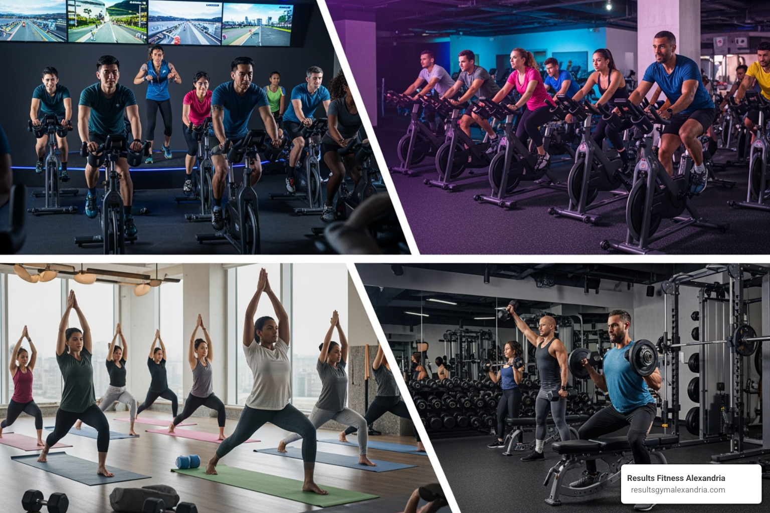 A collage showcasing different types of fitness classes like cycling, yoga, and weight training - club exercise classes near me