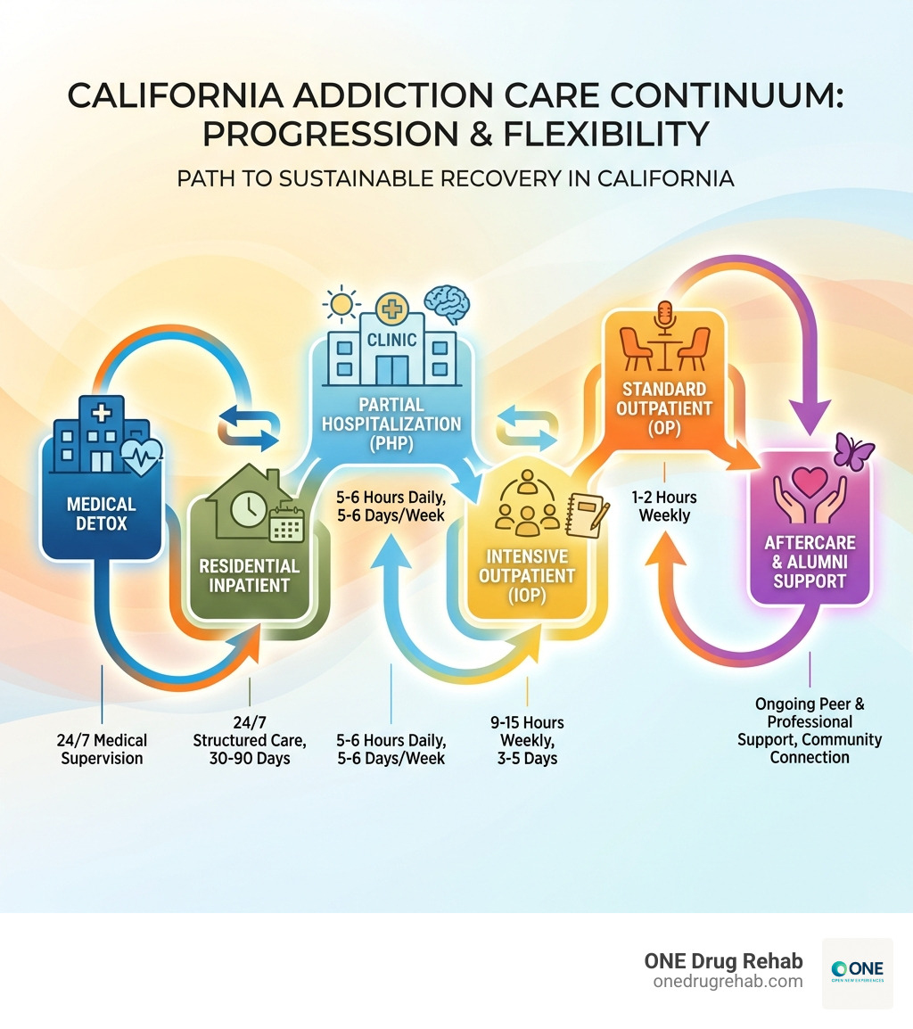 Infographic showing the continuum of addiction care in California, from medical detox (24/7 medical supervision) to residential inpatient (24/7 structured care, 30-90 days) to partial hospitalization PHP (5-6 hours daily, 5-6 days/week) to intensive outpatient IOP (9-15 hours weekly, 3-5 days) to standard outpatient (1-2 hours weekly) to aftercare and alumni support, with arrows showing progression and flexibility to step up or down between levels - california outpatient rehab program infographic 