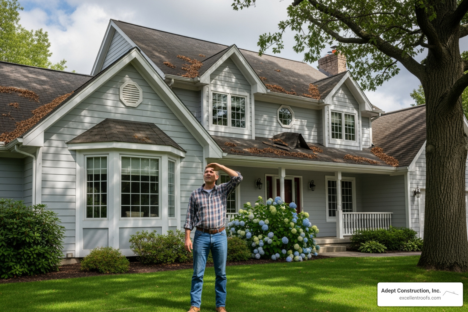 homeowner visually inspecting their roof from the ground - quality roofing and home improvement