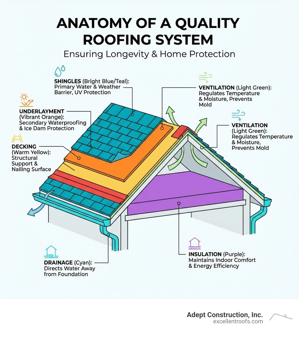 Infographic showing the complete anatomy of a quality roofing system including shingles, underlayment, decking, flashing, ventilation, insulation, and proper drainage components with labels indicating how each element contributes to roof longevity and home protection - quality roofing and home improvement infographic 