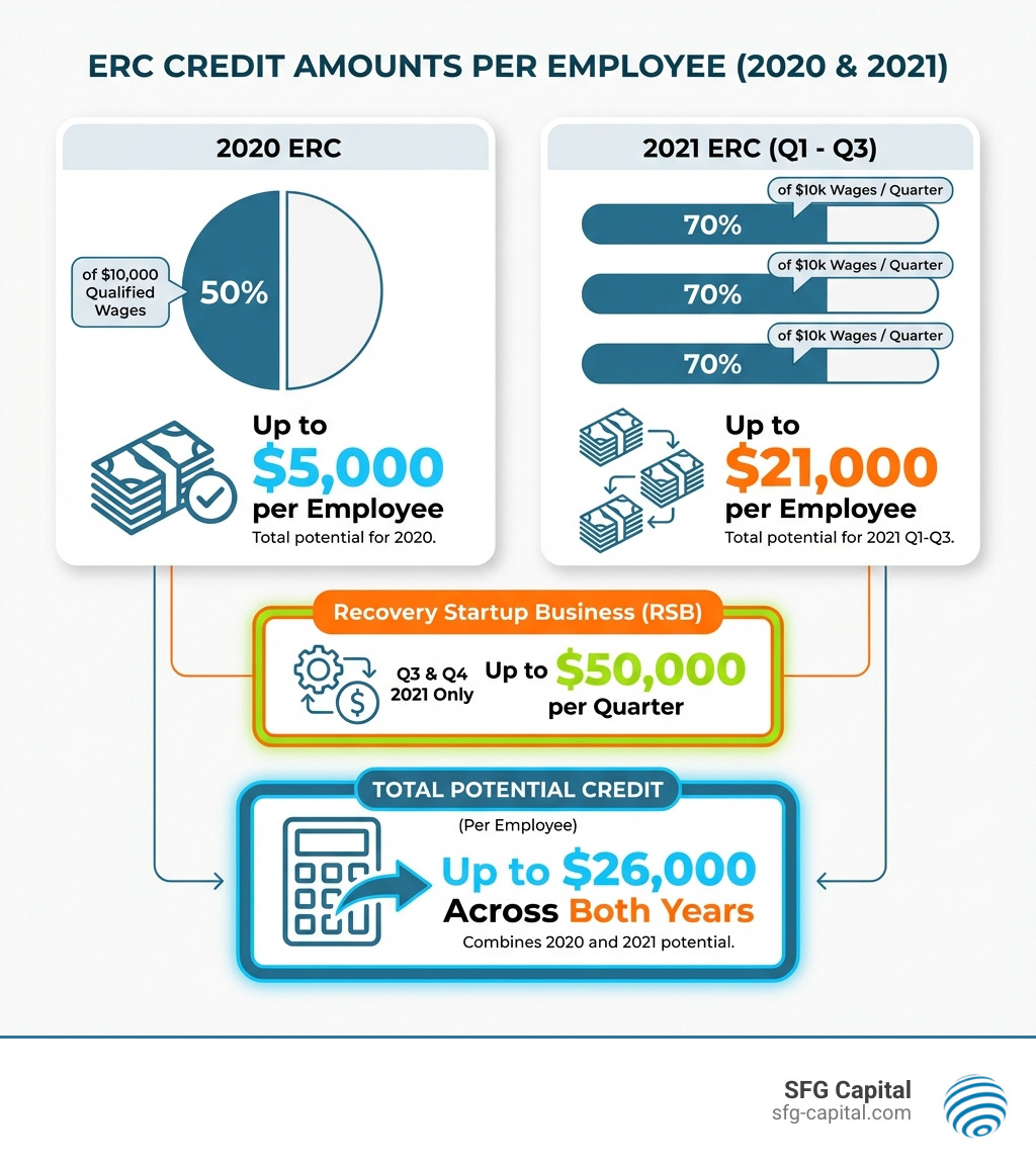 Infographic showing ERC credit amounts: 2020 offers up to $5,000 per employee (50% of $10,000 in qualified wages), while 2021 Q1-Q3 offers up to $21,000 per employee (70% of $10,000 per quarter). Recovery Startup Businesses can claim up to $50,000 per quarter in Q3 and Q4 2021. Total potential credit per employee across both years: up to $26,000. - ERC refund requirements infographic 