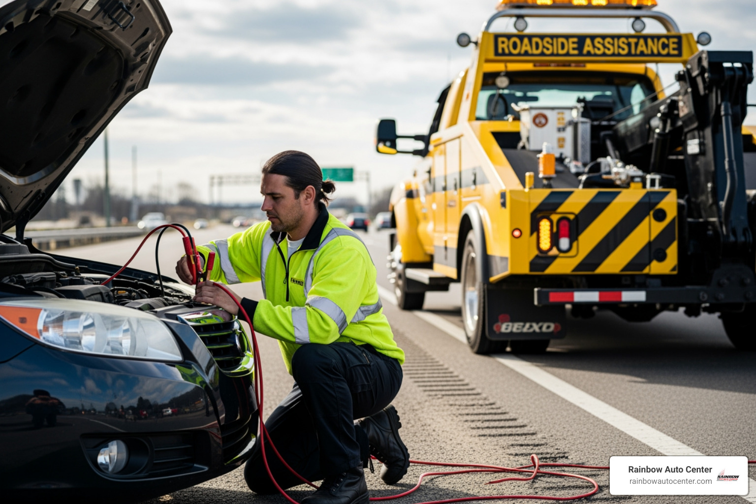 technician performing a battery jump-start - 24hrs towing service