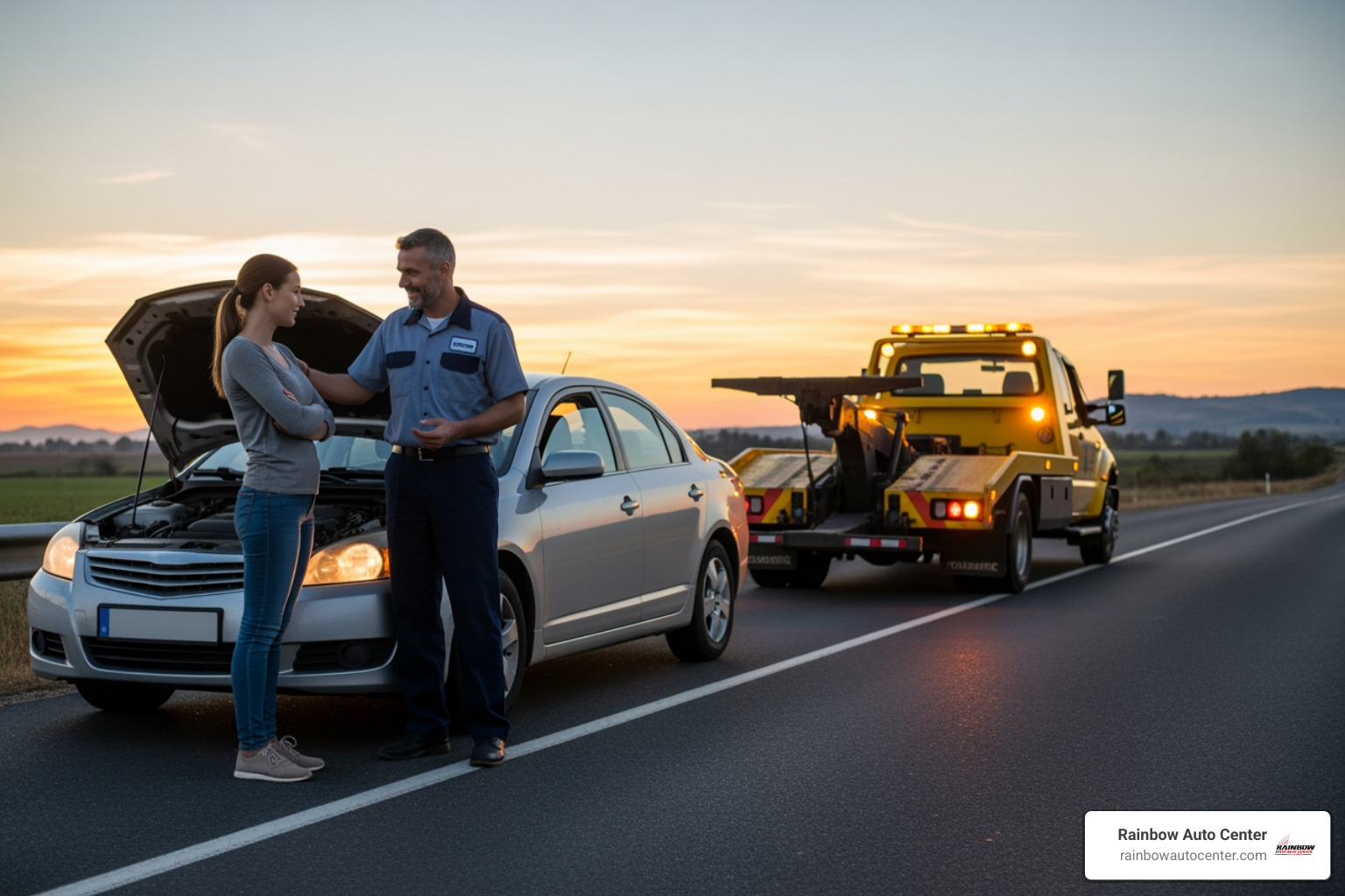 friendly tow truck driver assisting a motorist - 24hrs towing service