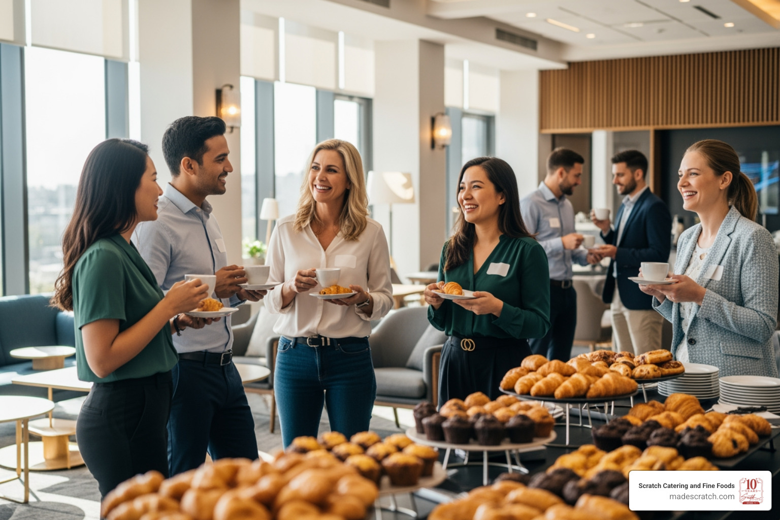 Image of employees networking happily over coffee and pastries - Corporate event catering Image of employees networking happily over coffee and pastries - Corporate event catering