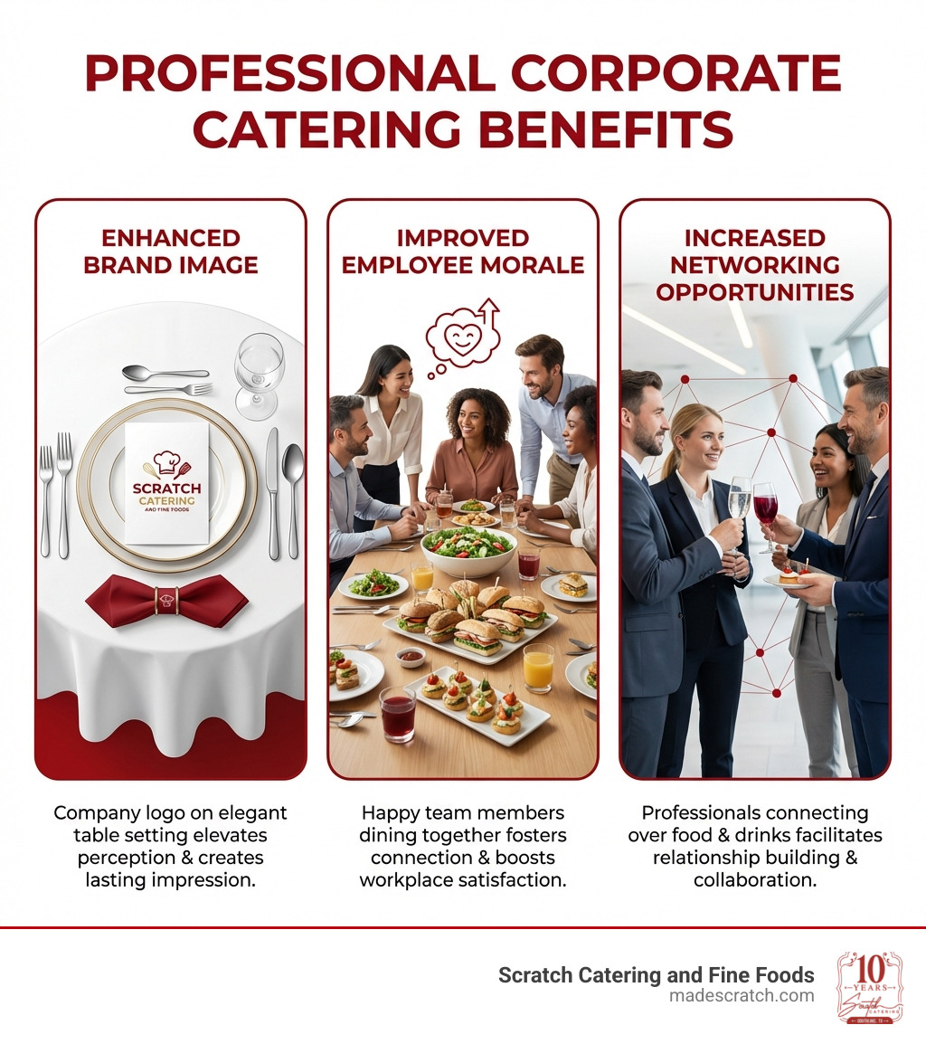 Infographic showing three main benefits of professional corporate catering: Enhanced Brand Image with company logo on elegant table setting, Improved Employee Morale with happy team members dining together, and Increased Networking Opportunities with professionals connecting over food and drinks - Corporate event catering infographic Infographic showing three main benefits of professional corporate catering: Enhanced Brand Image with company logo on elegant table setting, Improved Employee Morale with happy team members dining together, and Increased Networking Opportunities with professionals connecting over food and drinks - Corporate event catering infographic