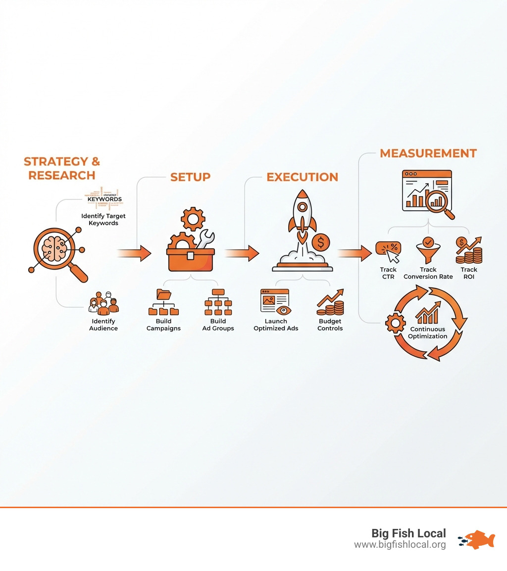 Infographic showing the search engine marketing process: Strategy & Research phase identifying target keywords and audience, Setup phase building campaigns and ad groups, Execution phase launching optimized ads with budget controls, and Measurement phase tracking CTR conversion rate and ROI with continuous optimization - search engine marketing Ohio infographic 