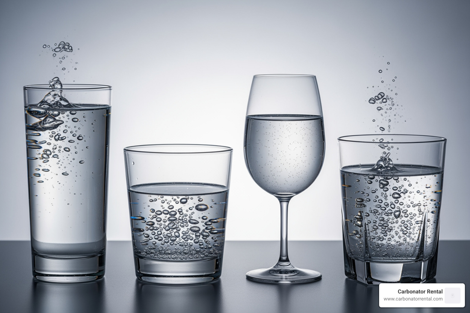 four distinct glasses side-by-side, labeled Seltzer, Club Soda, Mineral Water, and Tonic Water - carbonated flavoured water four distinct glasses side-by-side, labeled Seltzer, Club Soda, Mineral Water, and Tonic Water - carbonated flavoured water