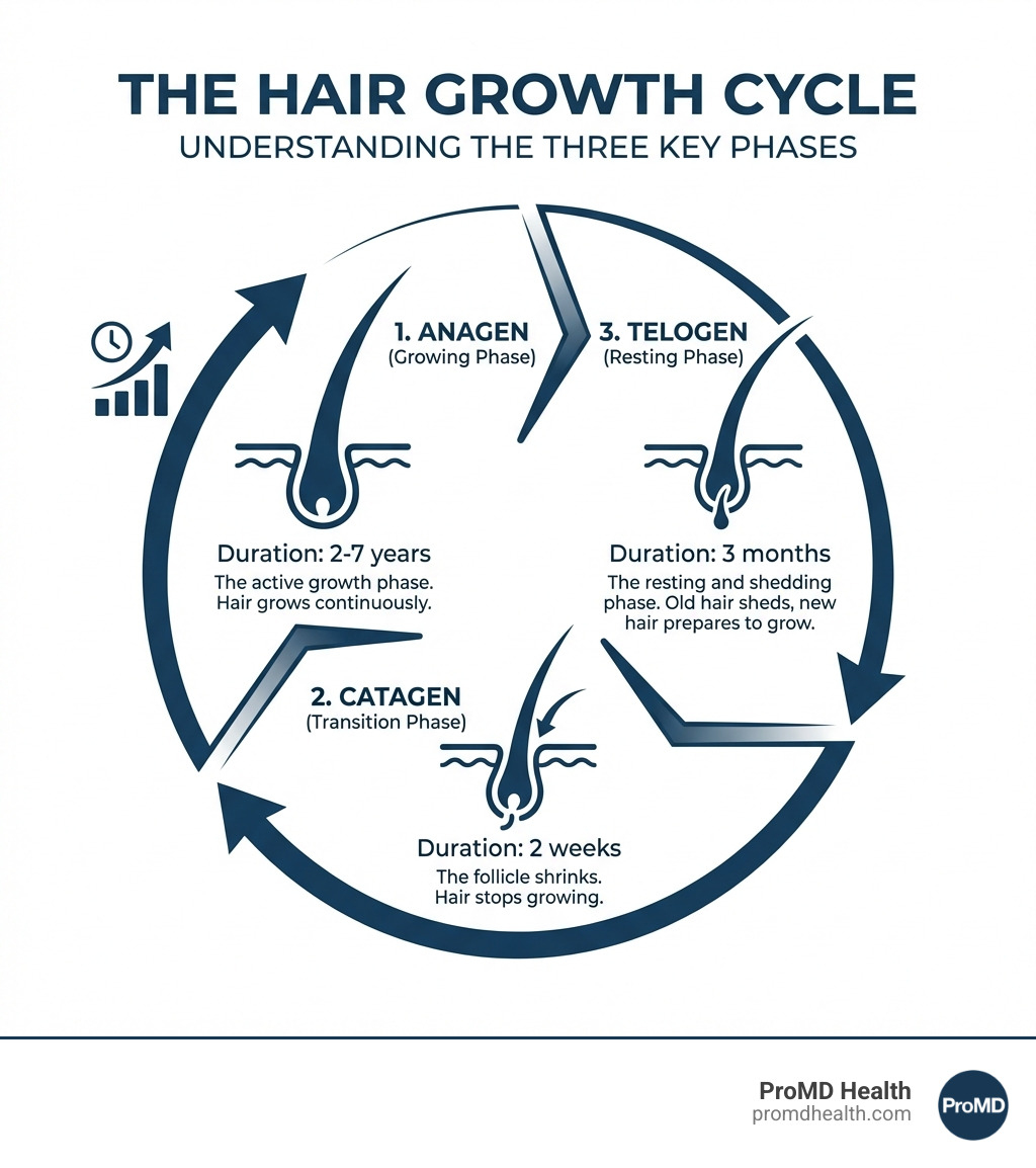 Infographic showing the hair growth cycle with three phases: Anagen (growing phase, 2-7 years), Catagen (transition phase, 2 weeks), and Telogen (resting phase, 3 months) - best treatment for thinning hair female infographic Infographic showing the hair growth cycle with three phases: Anagen (growing phase, 2-7 years), Catagen (transition phase, 2 weeks), and Telogen (resting phase, 3 months) - best treatment for thinning hair female infographic