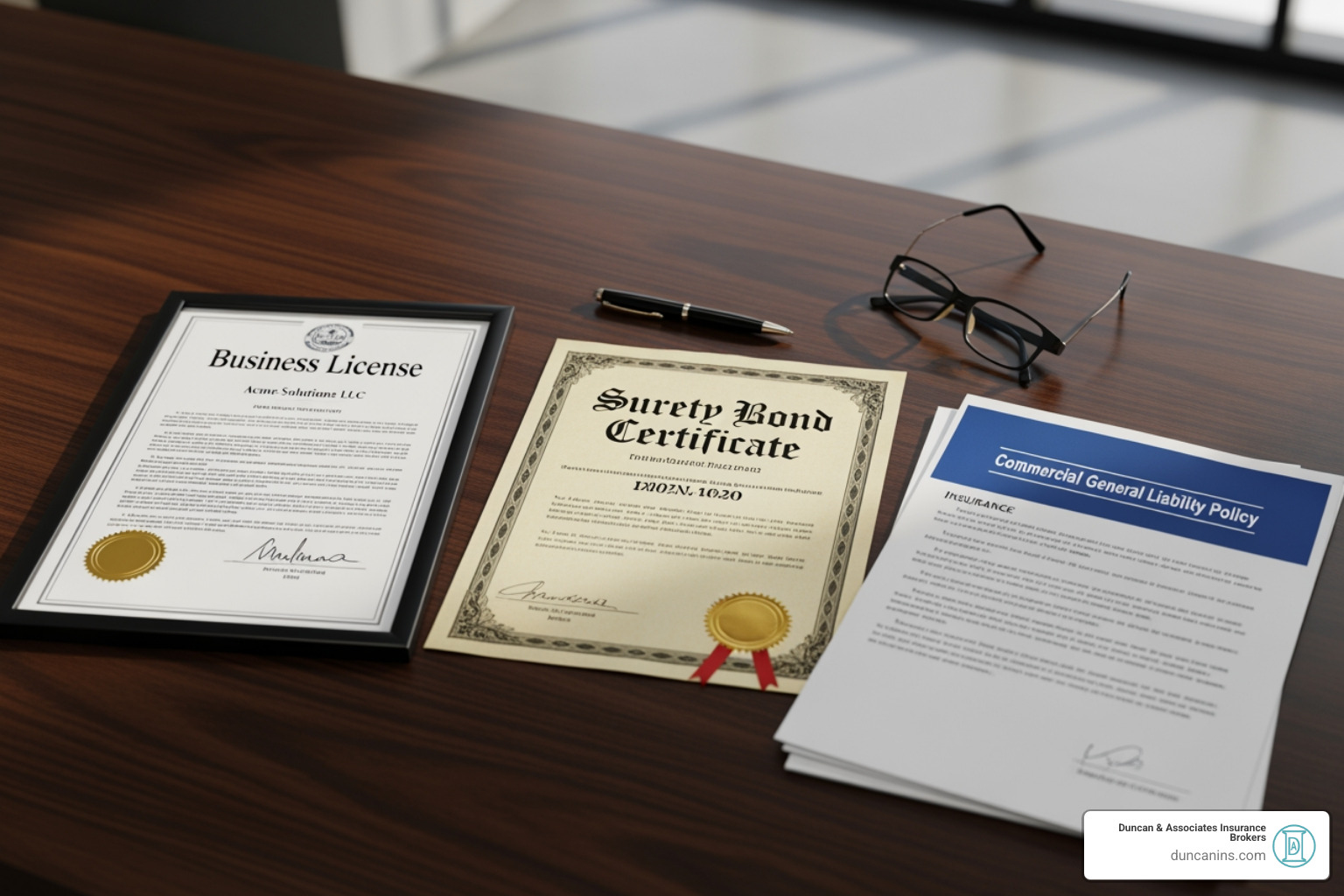 business license, surety bond certificate, and insurance policy document - bonded insured licensed