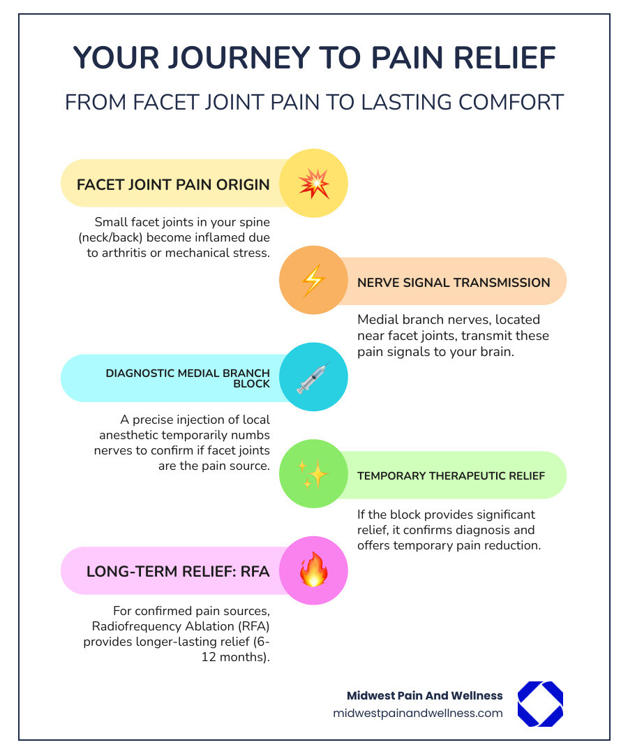infographic showing the progression from facet joint pain through medial branch nerve pathways to the brain, the diagnostic medial branch block procedure with fluoroscopy guidance, and the potential next step of radiofrequency ablation for long-term relief - medial branch block chicago ridge infographic infographic-line-5-steps-colors