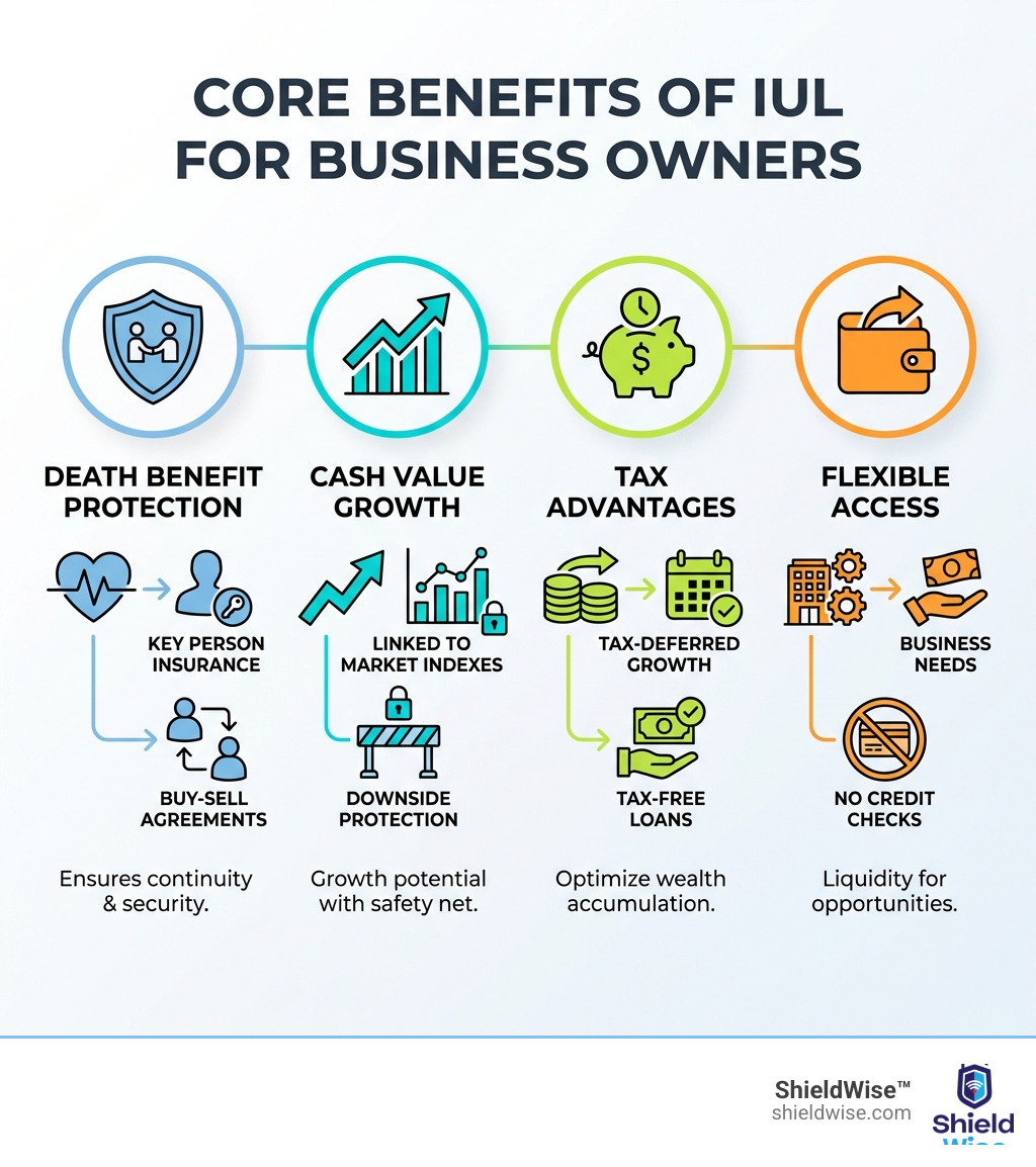 Infographic showing four core benefits of IUL for business owners: Death Benefit Protection for key person insurance and buy-sell agreements, Cash Value Growth linked to market indexes with downside protection, Tax Advantages including tax-deferred growth and tax-free loans, and Flexible Access to funds for business needs without credit checks - how business owners use indexed universal life infographic Infographic showing four core benefits of IUL for business owners: Death Benefit Protection for key person insurance and buy-sell agreements, Cash Value Growth linked to market indexes with downside protection, Tax Advantages including tax-deferred growth and tax-free loans, and Flexible Access to funds for business needs without credit checks - how business owners use indexed universal life infographic