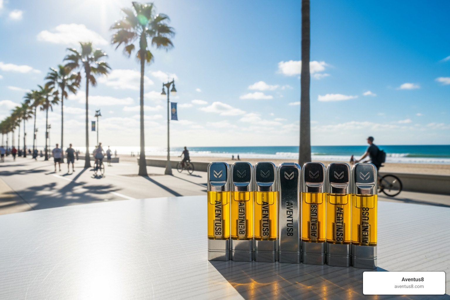 Aventus8 THC cartridges with Hollywood Beach Broadwalk background - cartridges
