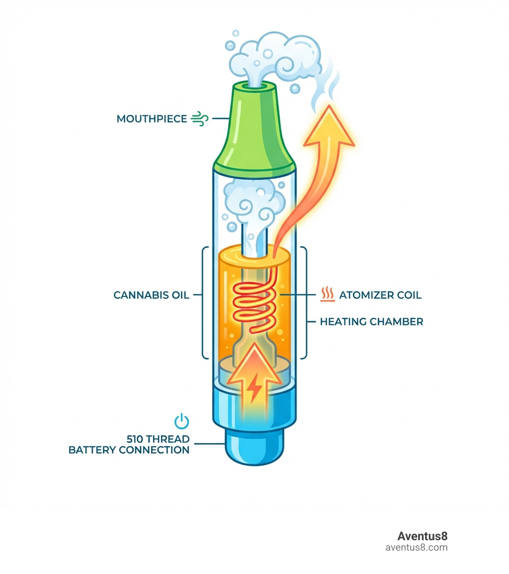 infographic showing THC cartridge anatomy with labeled parts: 510 thread battery connection at bottom, heating chamber in middle containing cannabis oil, atomizer coil, and mouthpiece at top, with arrows showing how battery power heats oil to create vapor - cartridges infographic 