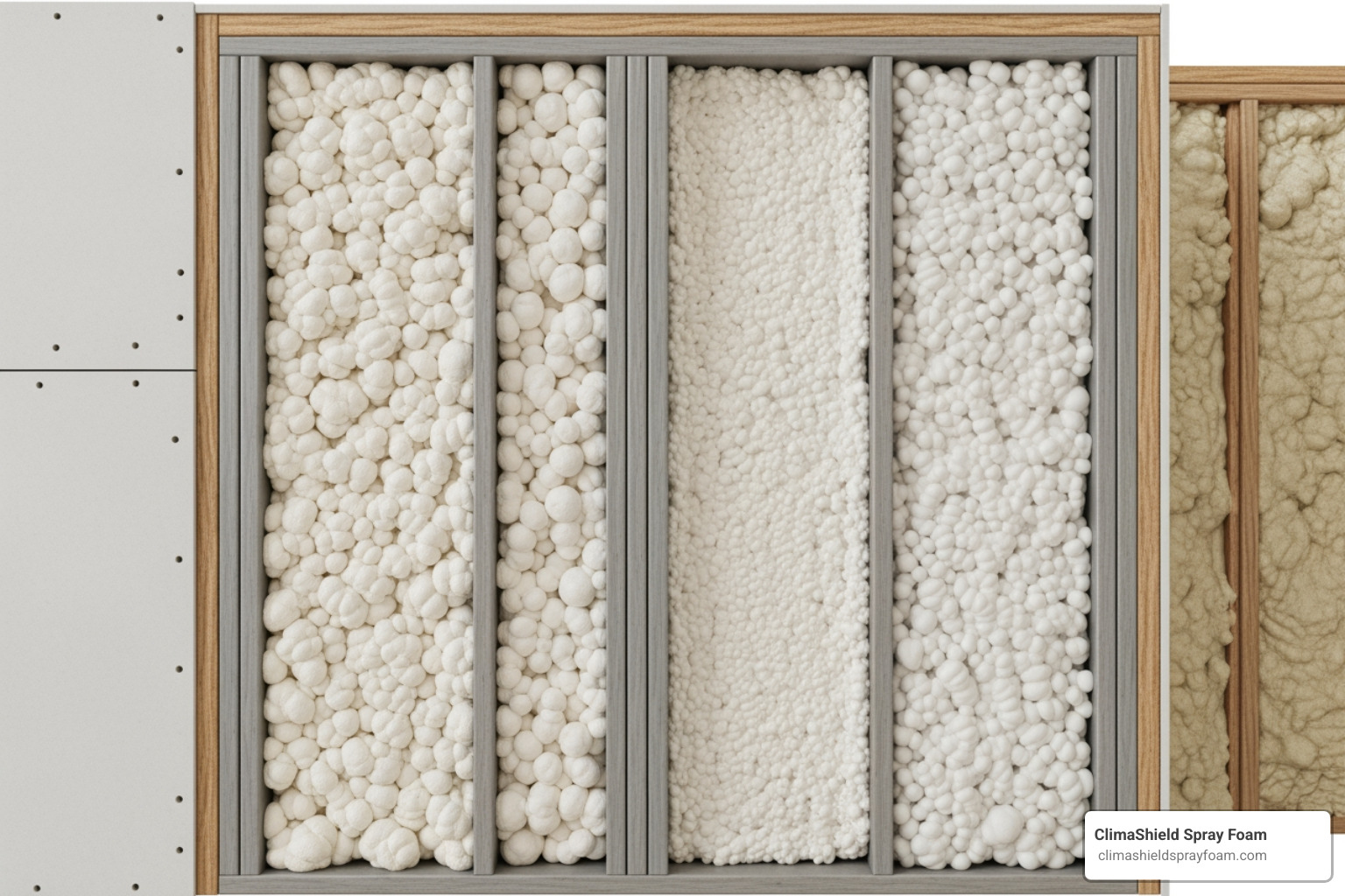 cutaway wall showing open-cell and closed-cell spray foam insulation - new construction insulation Indiana