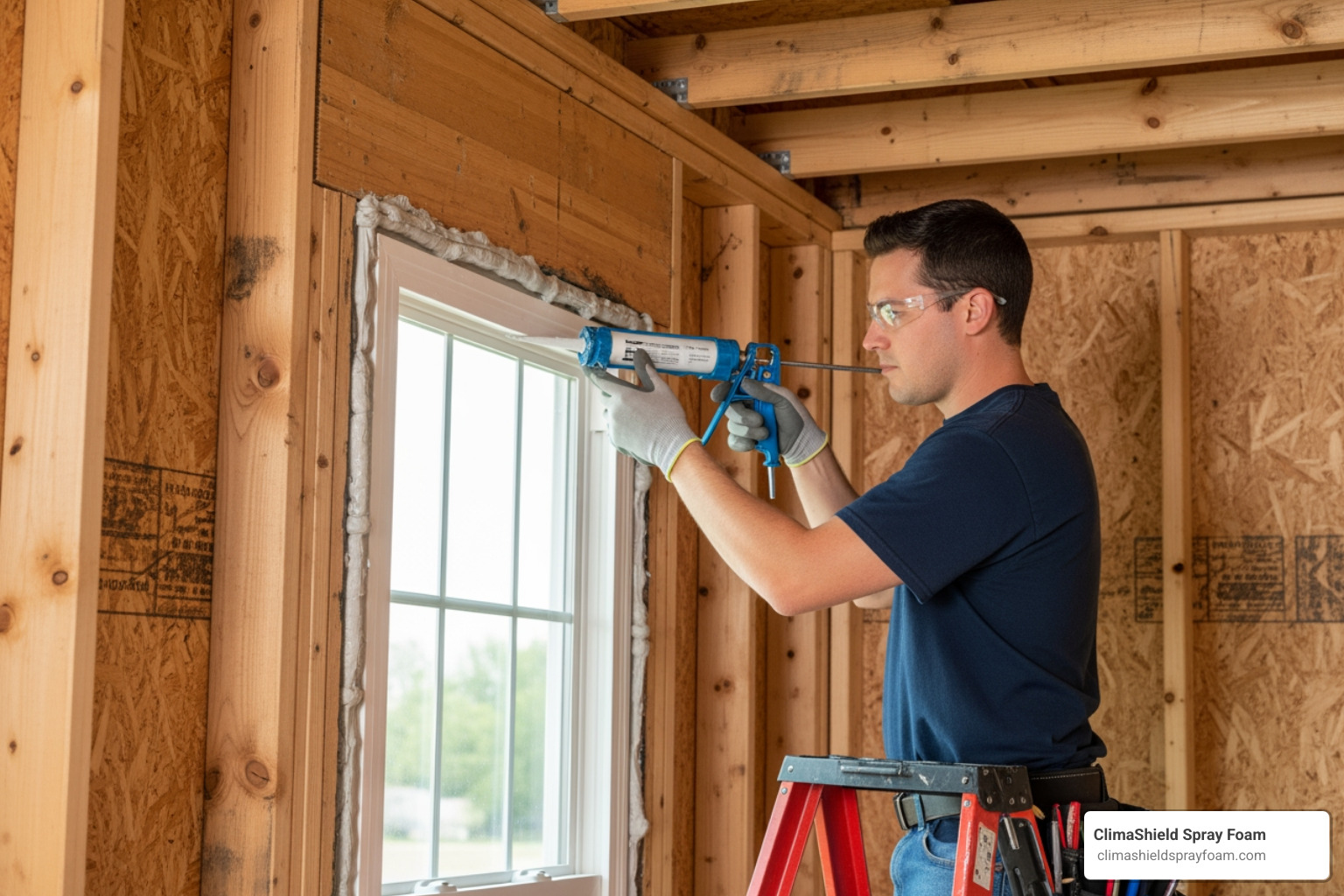 worker using a caulking gun to air seal around a window frame before insulation is installed - new construction insulation Indiana