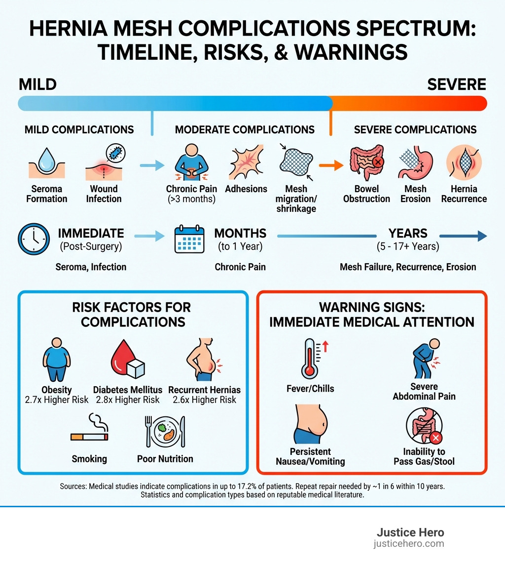 infographic showing the spectrum of hernia mesh complications from mild to severe, including timeline of when complications typically occur, risk factors, and warning signs requiring immediate medical attention - hernia mesh complications infographic 