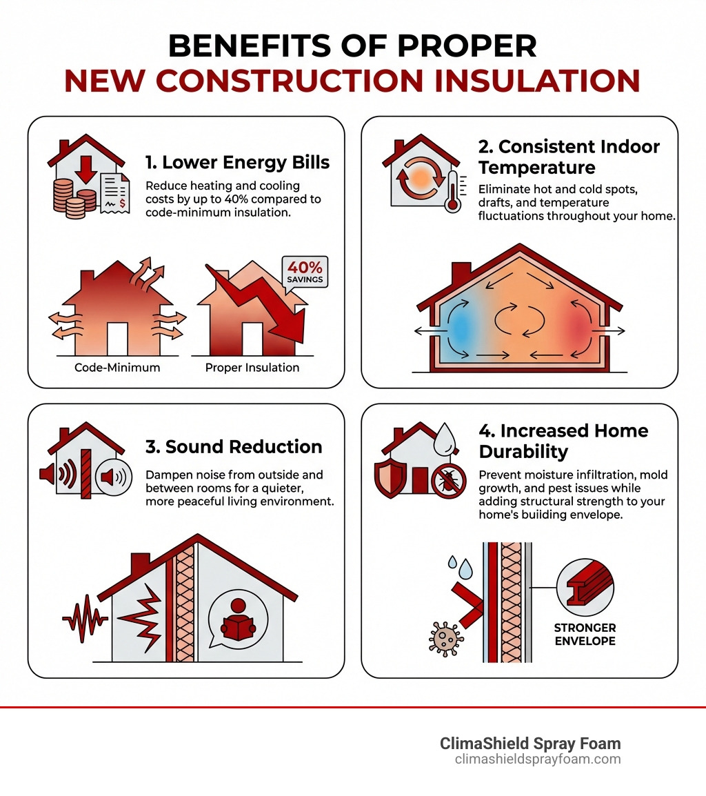 Infographic showing the top 4 benefits of proper new construction insulation: 1. Lower Energy Bills - Reduce heating and cooling costs by up to 40% compared to code-minimum insulation. 2. Consistent Indoor Temperature - Eliminate hot and cold spots, drafts, and temperature fluctuations throughout your home. 3. Sound Reduction - Dampen noise from outside and between rooms for a quieter, more peaceful living environment. 4. Increased Home Durability - Prevent moisture infiltration, mold growth, and pest issues while adding structural strength to your home's building envelope. - new construction insulation Indiana infographic 