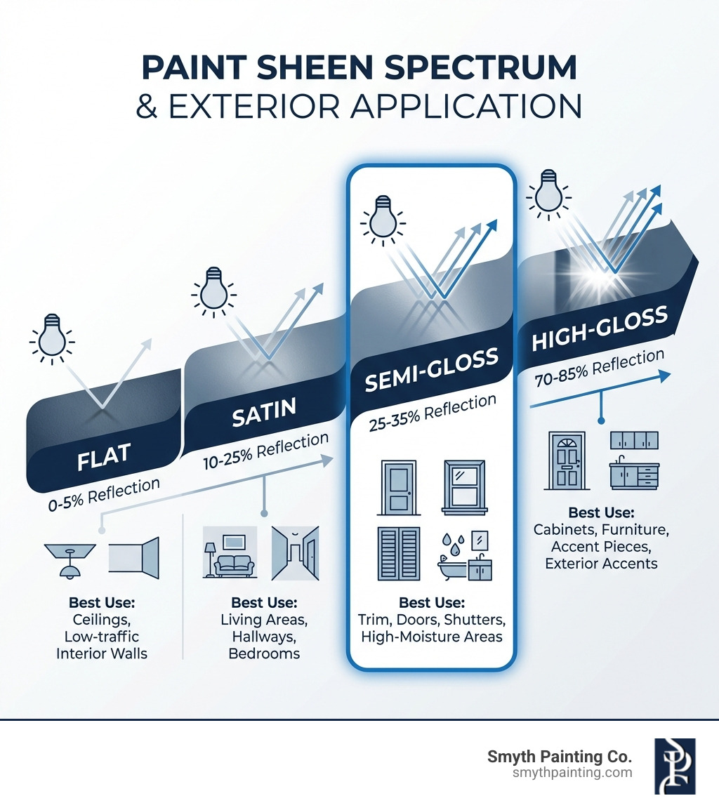 Infographic showing paint sheen spectrum from flat to high-gloss, with semi-gloss highlighted in the middle-upper range. Includes visual representation of light reflection percentages for each finish: Flat (0-5% reflection), Satin (10-25% reflection), Semi-Gloss (25-35% reflection), High-Gloss (70-85% reflection). Shows best use cases for each finish, with semi-gloss labeled for trim, doors, shutters, and high-moisture areas. - semi gloss exterior paint infographic Infographic showing paint sheen spectrum from flat to high-gloss, with semi-gloss highlighted in the middle-upper range. Includes visual representation of light reflection percentages for each finish: Flat (0-5% reflection), Satin (10-25% reflection), Semi-Gloss (25-35% reflection), High-Gloss (70-85% reflection). Shows best use cases for each finish, with semi-gloss labeled for trim, doors, shutters, and high-moisture areas. - semi gloss exterior paint infographic
