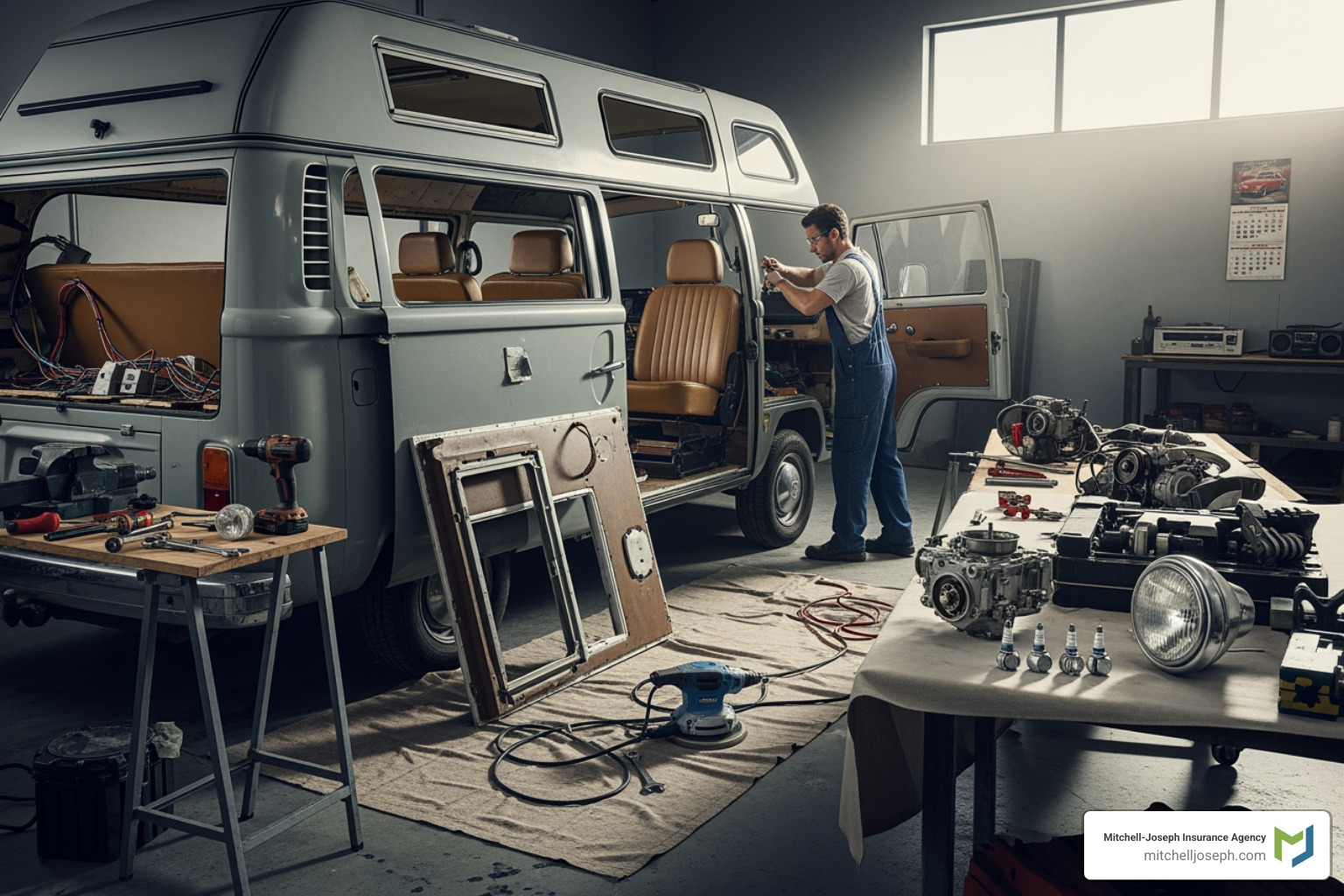 RV undergoing restoration in a garage - Classic RV insurance RV undergoing restoration in a garage - Classic RV insurance