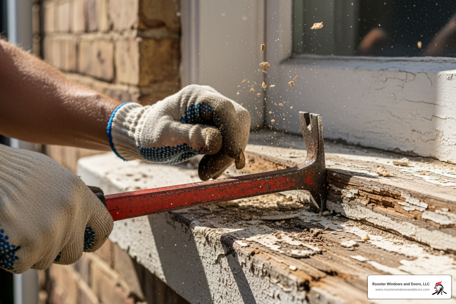 person carefully prying off old window sill with a pry bar - exterior window sill replacement