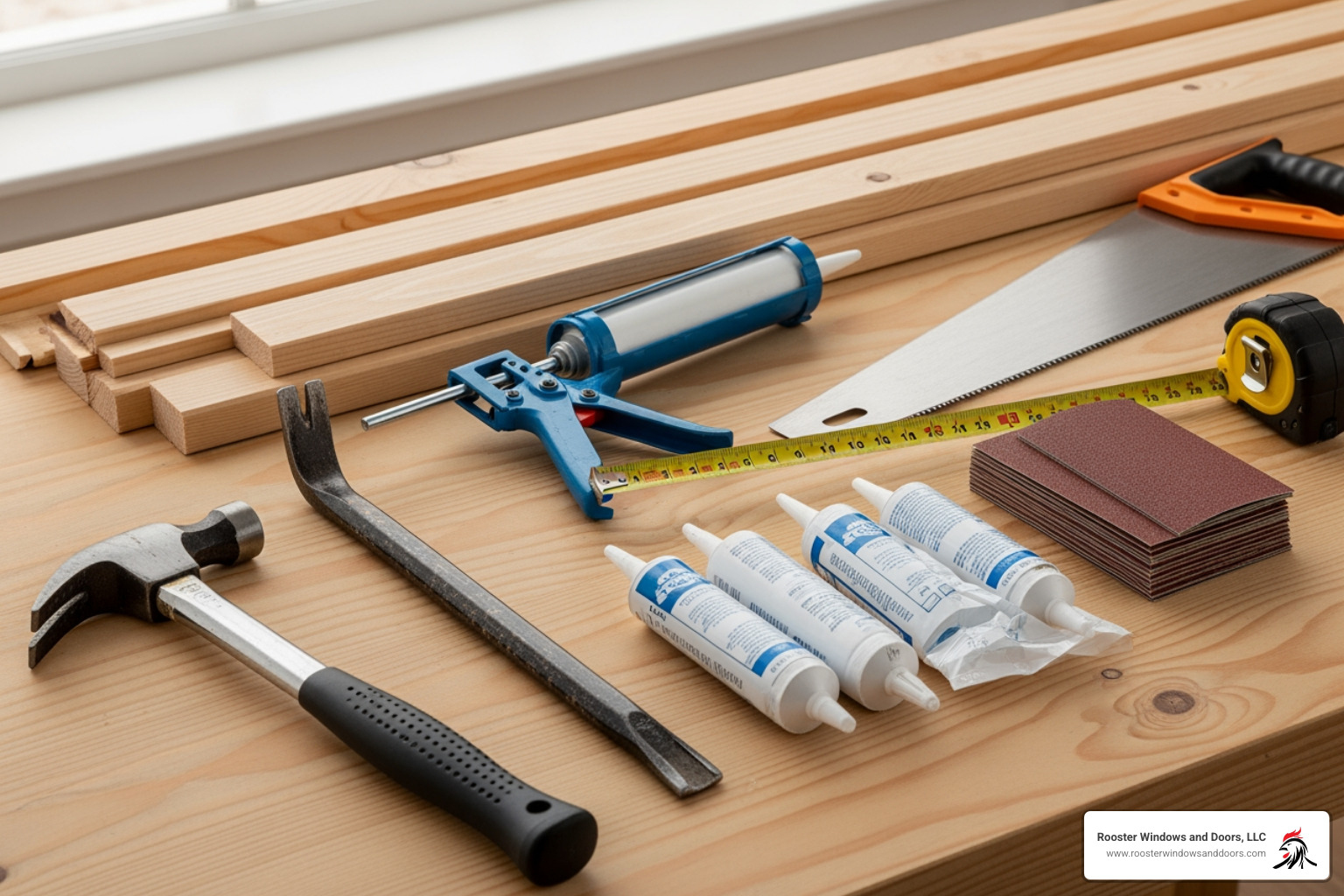 necessary tools and materials laid out neatly for a home improvement project - exterior window sill replacement