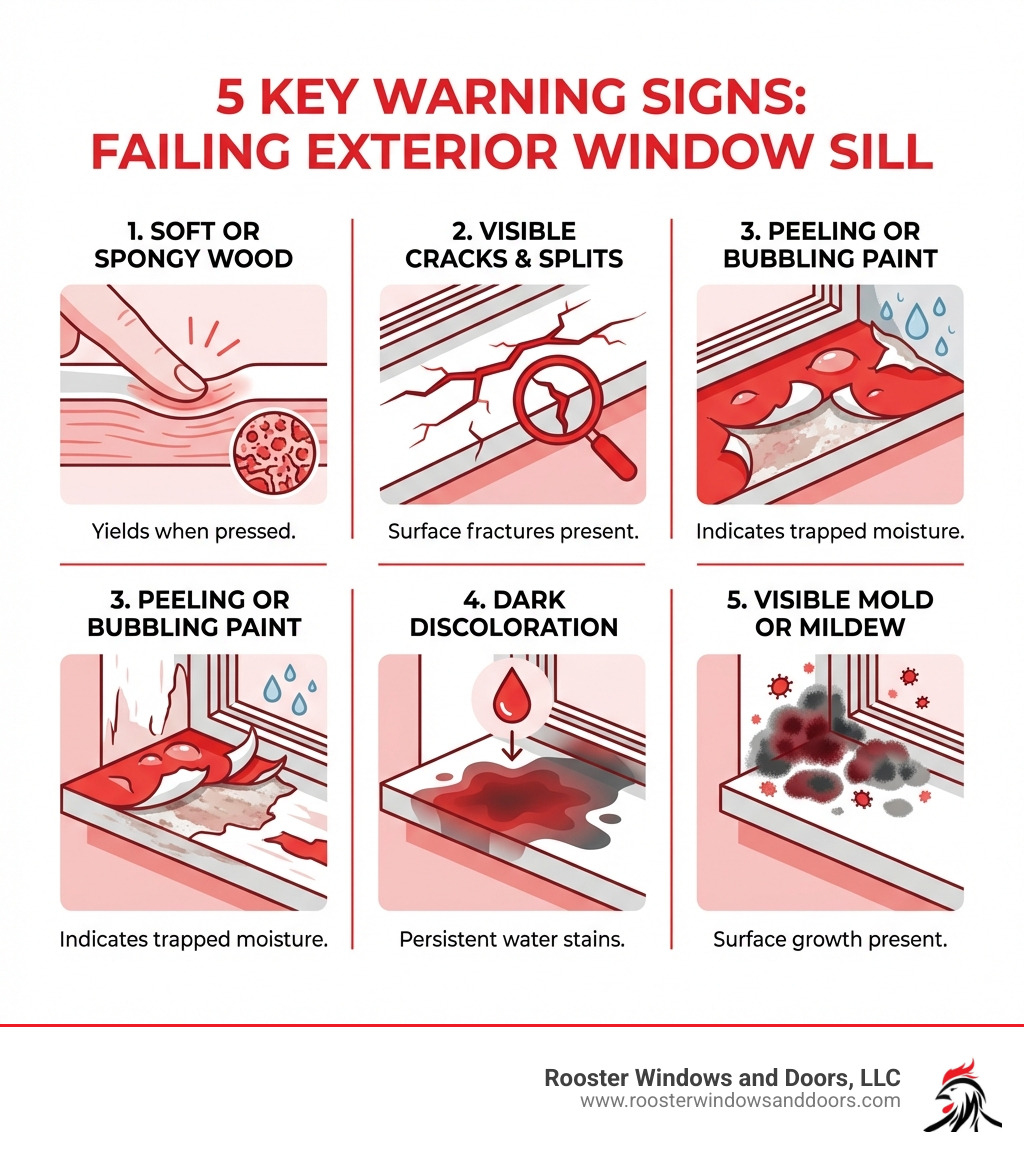 infographic showing five key warning signs of a failing window sill: soft or spongy wood when pressed, visible cracks or splits in the surface, peeling or bubbling paint indicating moisture, dark discoloration or water stains, and visible mold or mildew growth - exterior window sill replacement infographic 