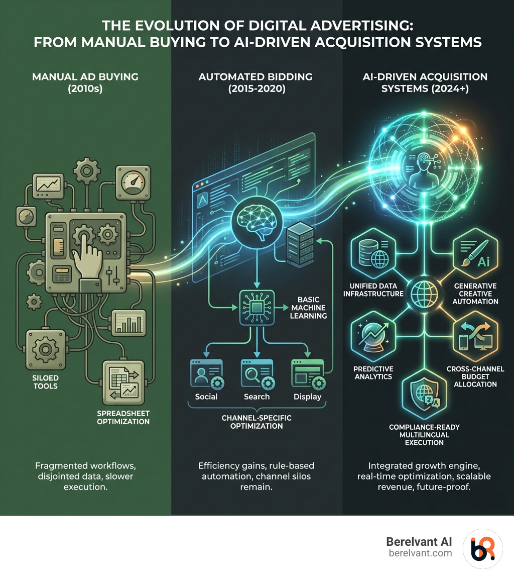 Infographic showing the evolution from manual ad buying (2010s) with siloed tools and spreadsheet optimization, to automated bidding (2015-2020) with basic machine learning and channel-specific optimization, to AI-driven acquisition systems (2024+) with unified data infrastructure, generative creative automation, cross-channel budget allocation, predictive analytics, and compliance-ready multilingual execution - ai digital advertising infographic 
