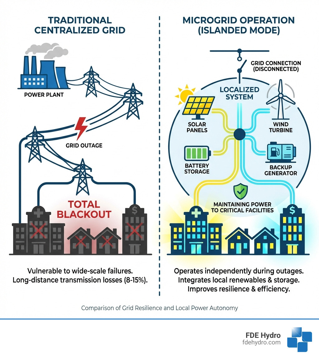 Infographic comparing traditional centralized grid versus microgrid operation: Left side shows traditional grid with power plant, long transmission lines, and total blackout during outage. Right side shows microgrid with local solar panels, battery storage, wind turbine, and backup generator maintaining power to critical facilities like hospital, homes, and businesses during grid outage through islanded operation mode. - microgrid technology infographic Infographic comparing traditional centralized grid versus microgrid operation: Left side shows traditional grid with power plant, long transmission lines, and total blackout during outage. Right side shows microgrid with local solar panels, battery storage, wind turbine, and backup generator maintaining power to critical facilities like hospital, homes, and businesses during grid outage through islanded operation mode. - microgrid technology infographic