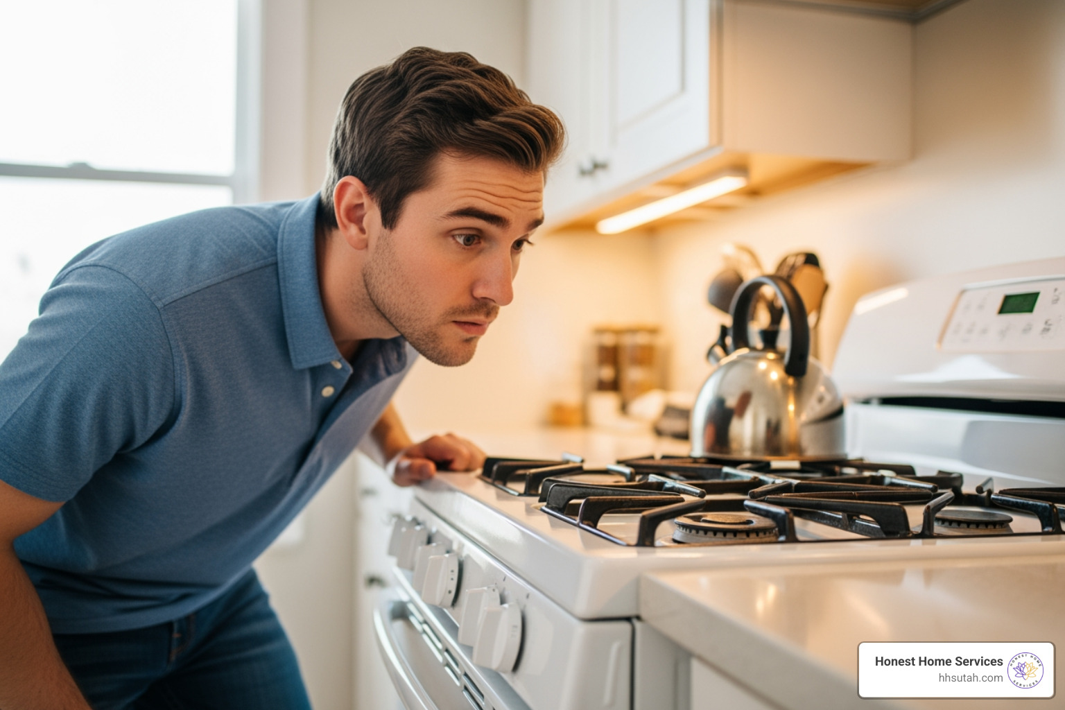 person sniffing air near gas appliance - detect natural gas leak person sniffing air near gas appliance - detect natural gas leak