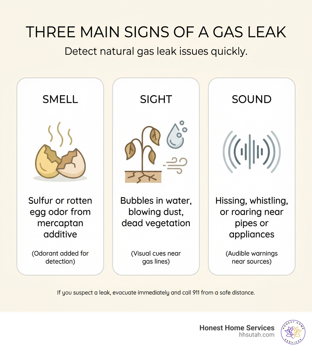 Infographic showing three main signs of a gas leak: Smell section with rotten egg icon and text 'Sulfur or rotten egg odor from mercaptan additive', Sight section with dead plant icon and text 'Bubbles in water, blowing dust, dead vegetation', and Sound section with wave icon and text 'Hissing, whistling, or roaring near pipes or appliances' - detect natural gas leak infographic Infographic showing three main signs of a gas leak: Smell section with rotten egg icon and text 'Sulfur or rotten egg odor from mercaptan additive', Sight section with dead plant icon and text 'Bubbles in water, blowing dust, dead vegetation', and Sound section with wave icon and text 'Hissing, whistling, or roaring near pipes or appliances' - detect natural gas leak infographic