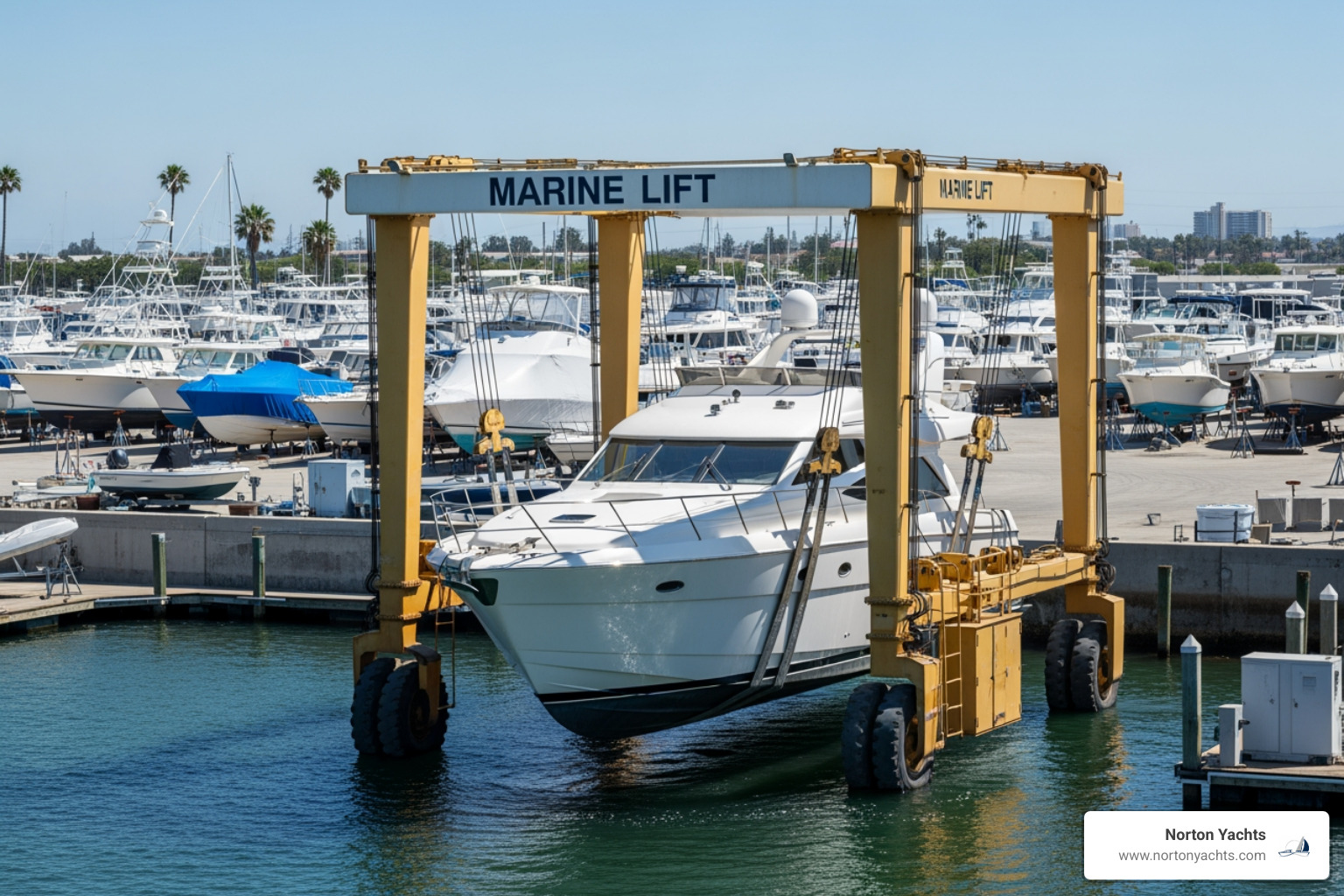 of a large travel lift preparing to move a yacht - Service - Local Storage (Deltaville, VA)