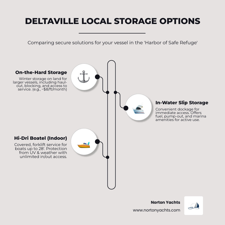 Infographic comparing three main storage types in Deltaville: On-the-hard storage showing a boat on jack stands in a gravel yard with travel lift nearby, labeled with winter storage rates and haul-out costs; In-water slip storage showing a boat docked at a fixed pier with access to fuel and pump-out, labeled with seasonal dockage rates; Hi-Dri boatel storage showing a boat elevated indoors on forklift supports under cover, labeled with monthly rates and unlimited access benefits - Service - Local Storage (Deltaville, VA) infographic infographic-line-3-steps-elegant_beige Infographic comparing three main storage types in Deltaville: On-the-hard storage showing a boat on…