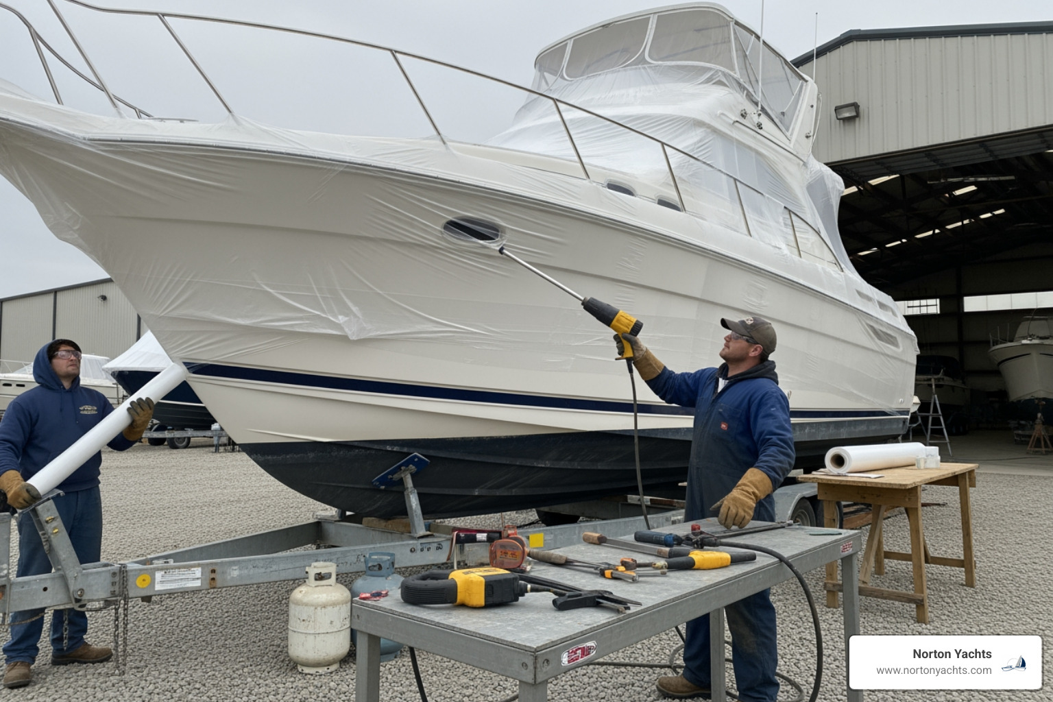 A boat being professionally shrink-wrapped for winter at Norton Yachts - boat storage Virginia