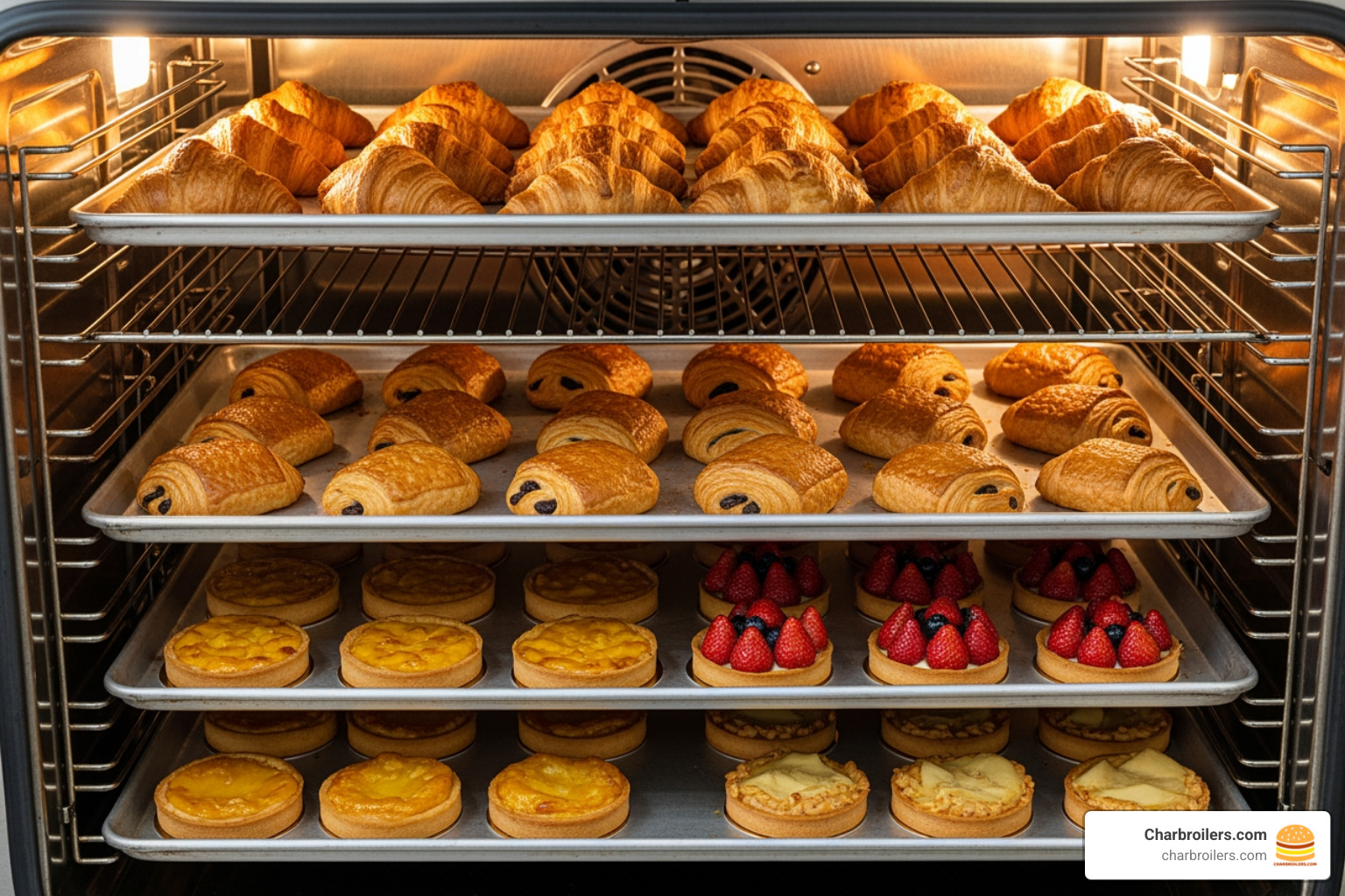 multiple trays of perfectly golden-brown pastries on different racks inside a convection oven - convection ovens electric