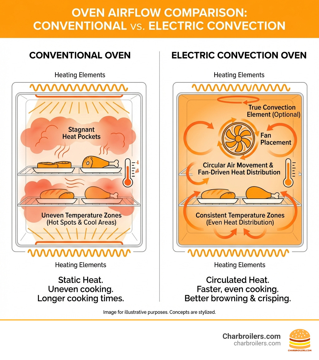 Infographic comparing airflow patterns in conventional ovens versus electric convection ovens, showing stagnant heat pockets in conventional models and circular air movement with fan-driven heat distribution in convection models, with labels indicating heating elements, fan placement, and temperature consistency zones - convection ovens electric infographic 
