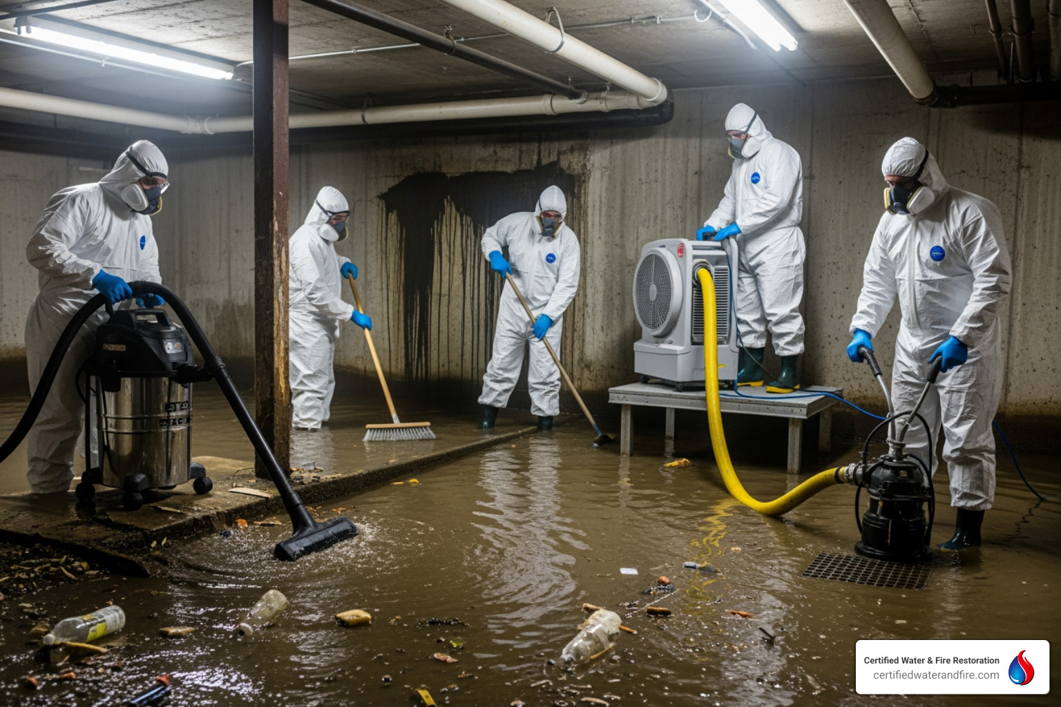 restoration crew in HAZMAT suits - cost to fix sewer backup