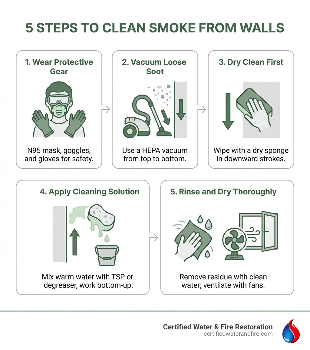 Infographic showing 5 steps to clean smoke from walls: Step 1 shows a person wearing PPE including N95 mask and gloves; Step 2 illustrates vacuuming loose soot with a HEPA vacuum from top to bottom; Step 3 demonstrates using a dry cleaning sponge in downward strokes; Step 4 depicts applying TSP cleaning solution with a sponge working from bottom up; Step 5 shows rinsing with clean water and drying with fans for ventilation - how to clean smoke off walls infographic 