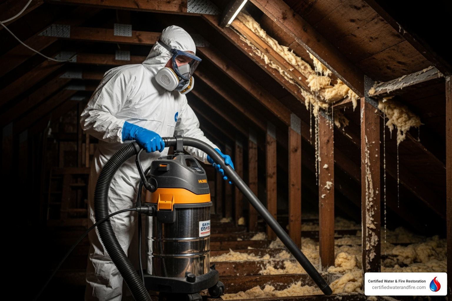 Professional in full PPE gear with a HEPA vacuum in an attic - Attic mold removal
