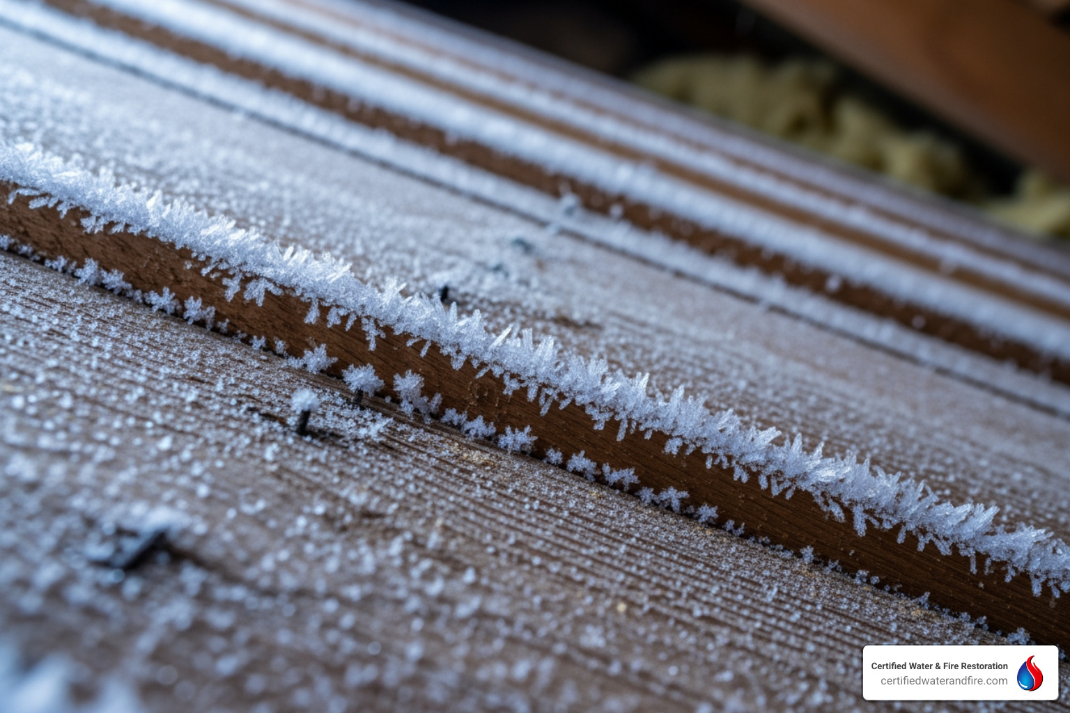 Frost on the underside of a roof sheathing in winter - Attic mold removal