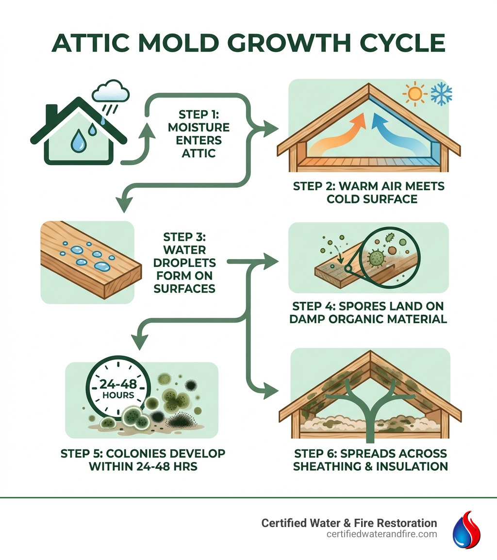 Infographic showing the cycle of attic mold growth: Step 1 - Moisture enters attic through roof leak or condensation; Step 2 - Warm humid air meets cold roof deck; Step 3 - Water droplets form on wood surfaces; Step 4 - Mold spores land on damp organic material; Step 5 - Colonies develop within 24-48 hours; Step 6 - Mold spreads across sheathing and insulation - Attic mold removal infographic 