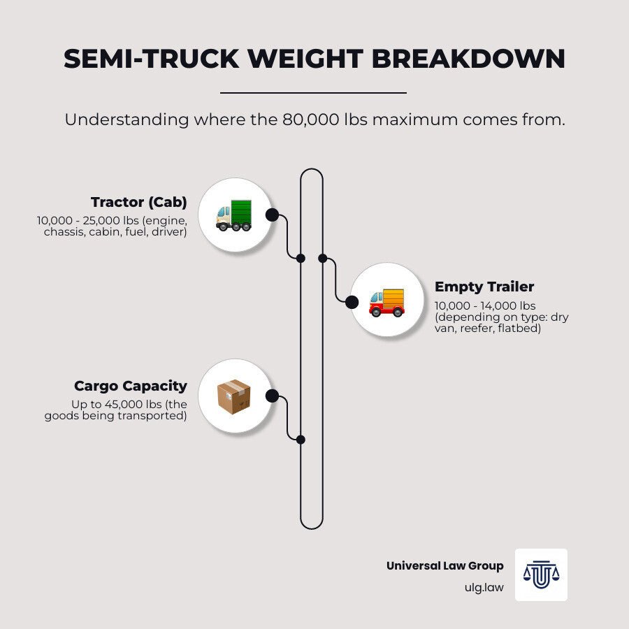 infographic showing semi-truck weight breakdown with three main sections: tractor (10,000-25,000 lbs), empty trailer (10,000-14,000 lbs), and cargo (up to 45,000 lbs), totaling a maximum legal weight of 80,000 lbs on a solid background - how much does a semi truck weigh infographic infographic-line-3-steps-elegant_beige