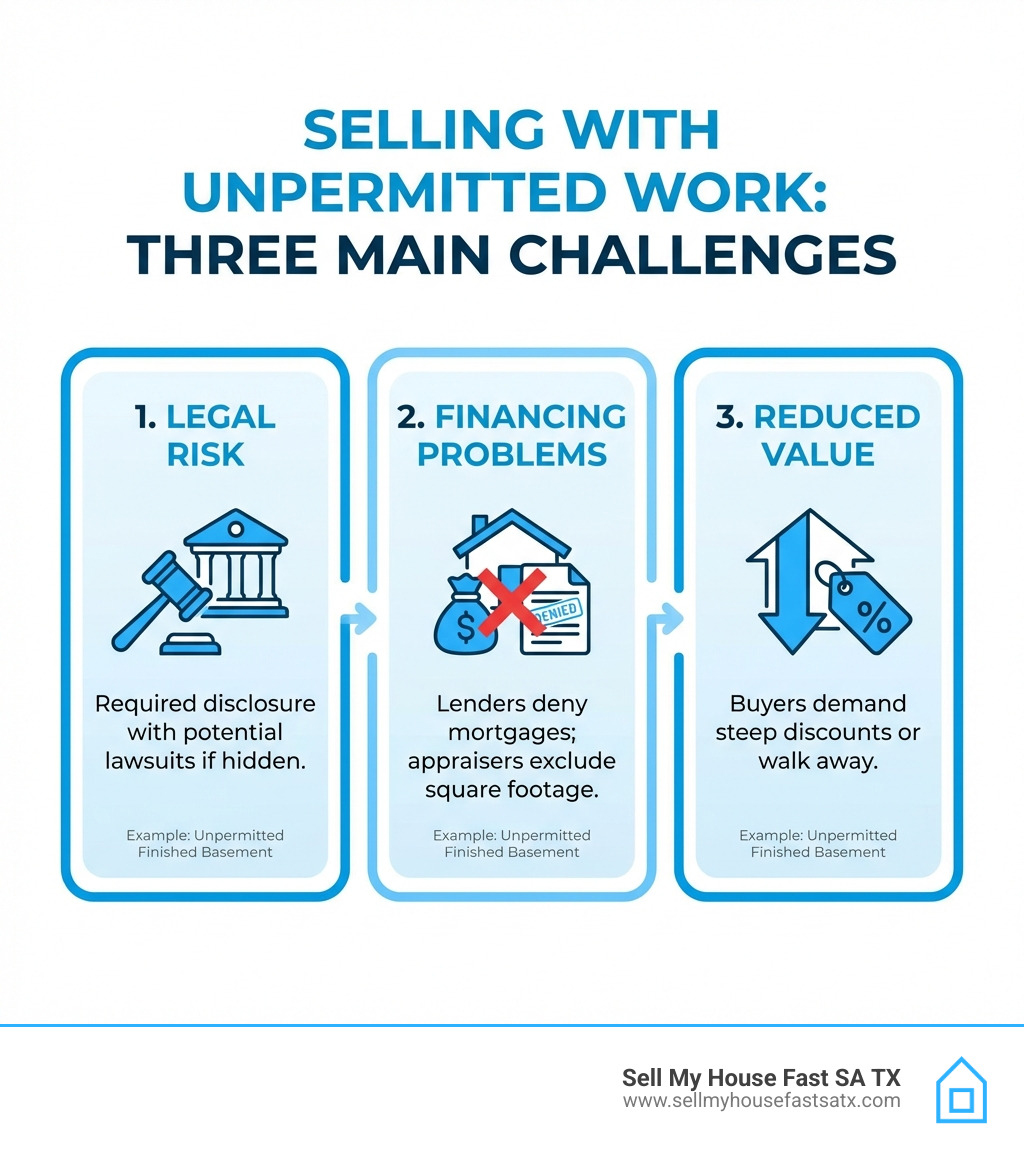 Infographic showing three main challenges of selling with unpermitted work - selling house with unpermitted finished basement Infographic showing three main challenges of selling with unpermitted work - selling house with unpermitted finished basement