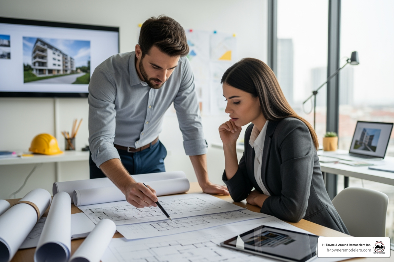 An architect and client reviewing blueprints - Residential construction Houston An architect and client reviewing blueprints - Residential construction Houston